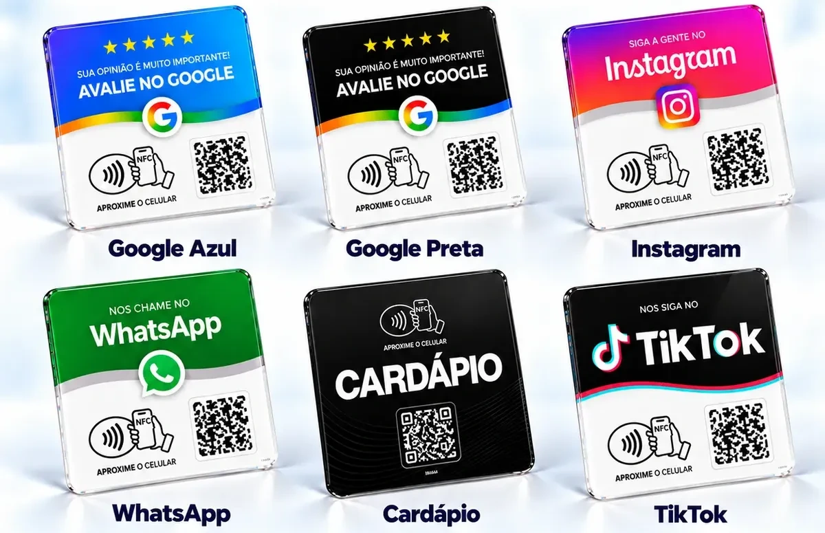Seis modelos de plaquinhas PlaquinhaSmart: Google azul, Google preta, Instagram, WhatsApp, cardápio e TikTok, todas com NFC e QR Code